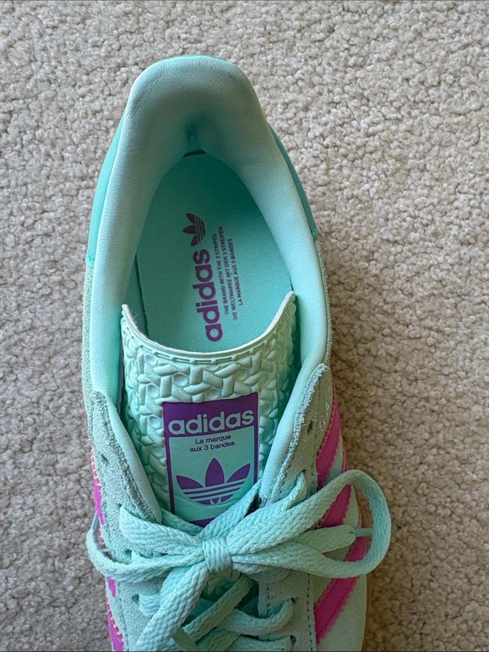 adidas Women's Mint Green Suede Sneakers with Pink Stripes- Gazelle - Picture 2 of 9